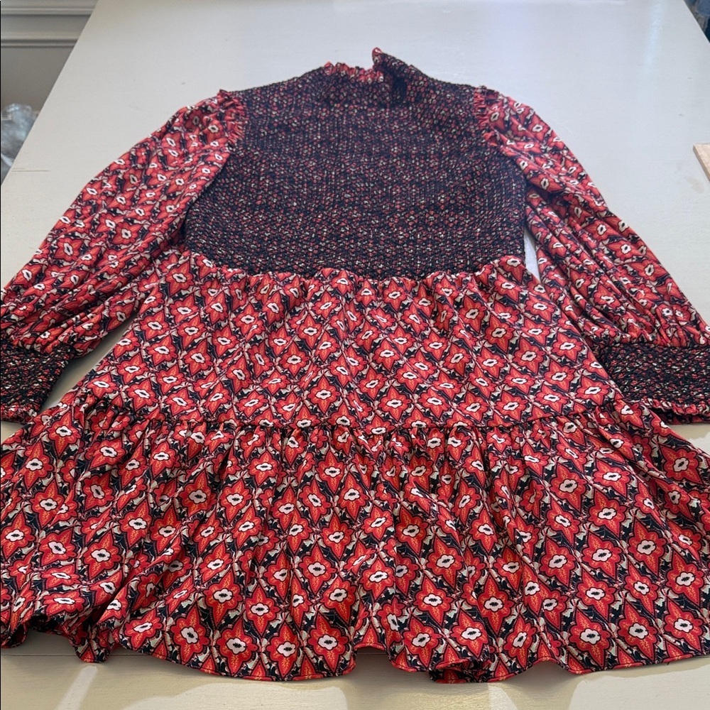 Alice + Olivia Elvira Smocked Mock Neck Mini Dress Size 10 - Picture 5 of 16